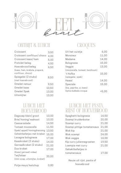 Eetkaart: ontbijt, lunch en croques